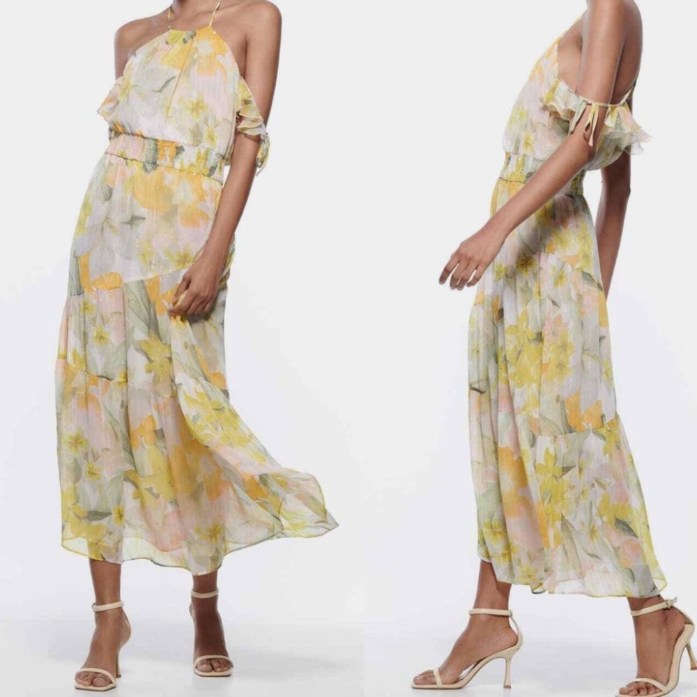 Zara Premium Black Label Floral Yellow & Green Tiered Sleeveless Midi Dress